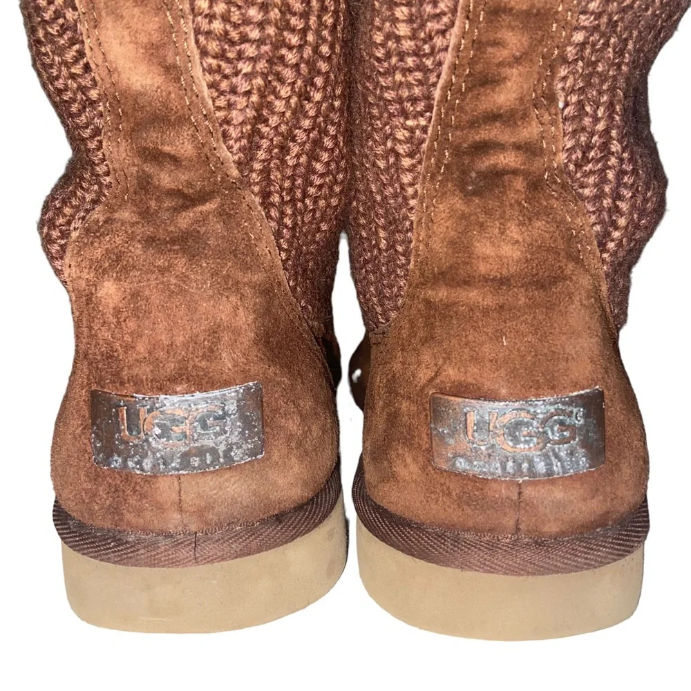 UGG Australia Suburb Boots Womens Size 6 Leather Suede Crochet Knit Fur Sherpa